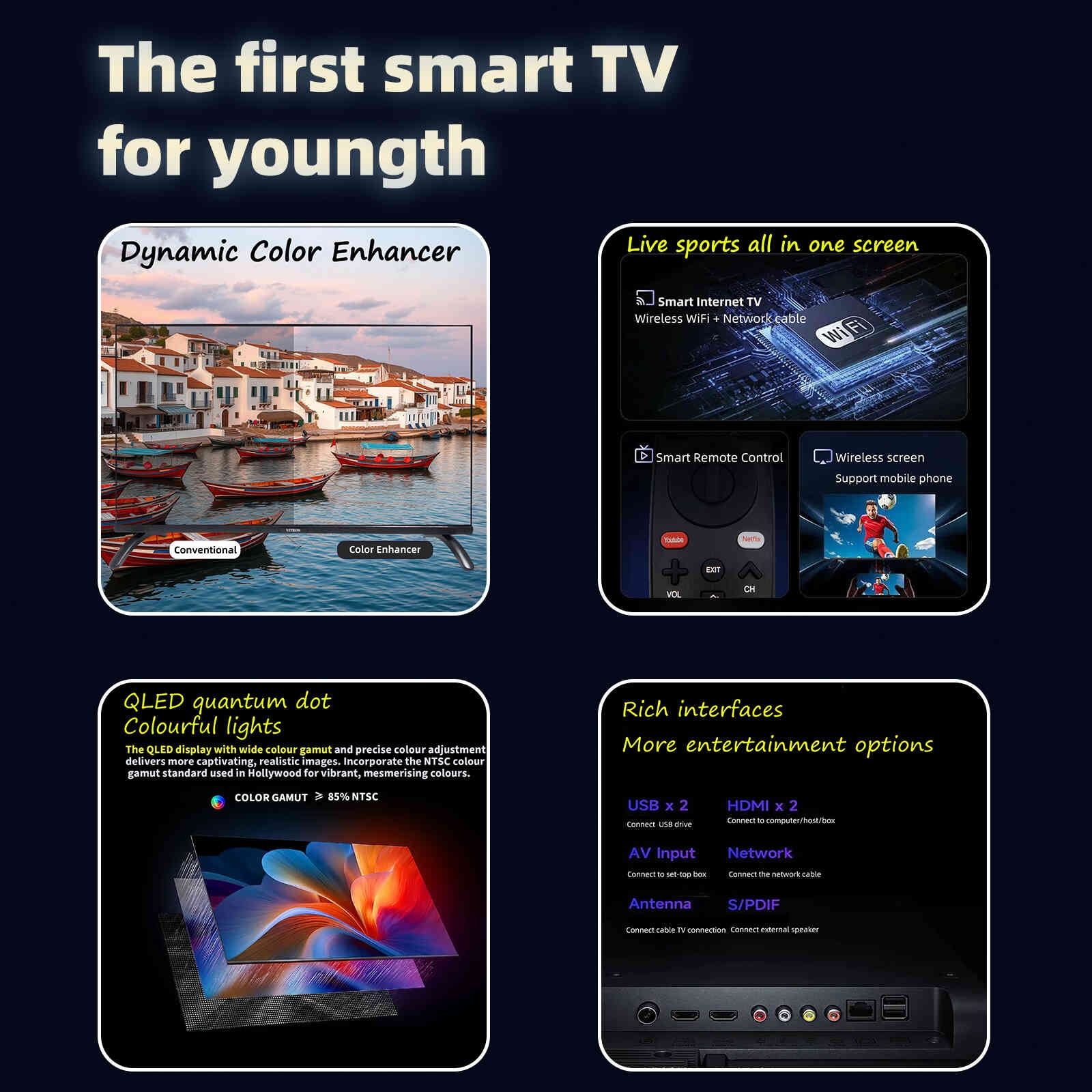 VITRON 32" INCH QLED HTC3288QS,FRAMELESS BLUETOOTH-ENABLED Smart Android TV Inbuilt Decoder Inbuilt WIFI Netflix Youtube Appstore 2*USB 3*HDMI 14MONTHS WARRANTY+6 FREE GIFTS