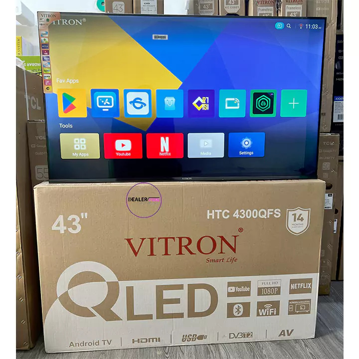 VITRON 43" INCH QLED BLUETOOTH TV FRAMELESS FHD SMART TV ANDROID TV NETFLIX ,YOUTUBE TELEVISION INBUILT DECODER , BUILT-IN WIFI, APP STORE 1GB-RAM 8GB-ROM 2*USB PORTS,3*HDMI+8 FREE ACCESSORIES