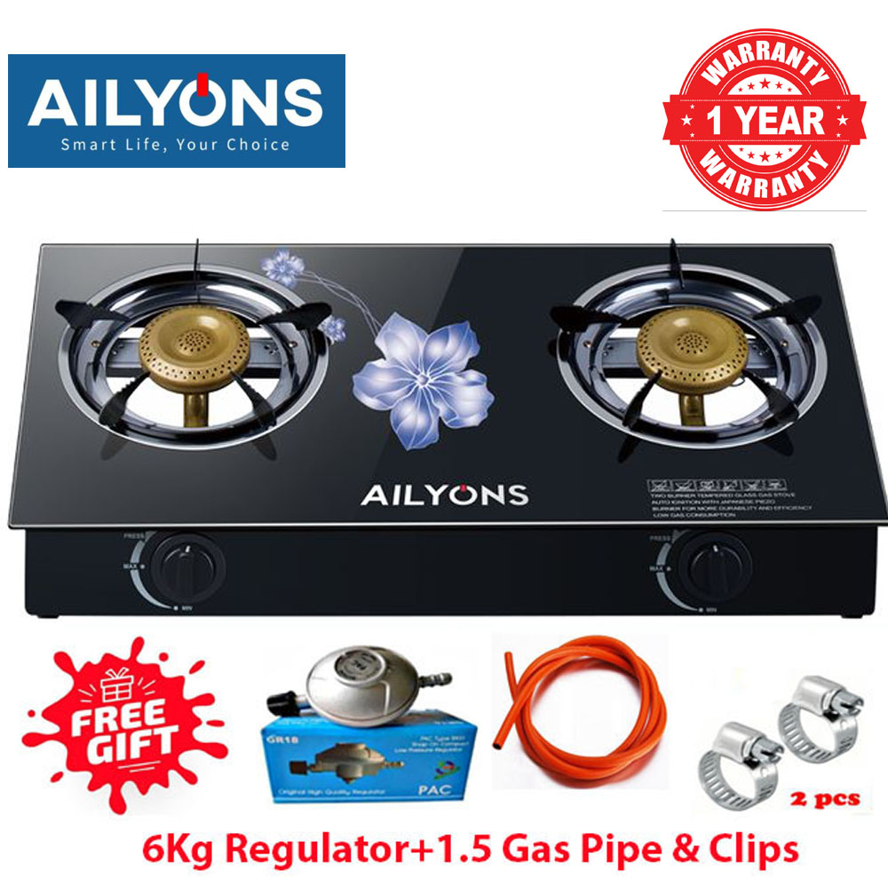 AILYONS GS014, 2 Burner Glass Top Gas Cooker & Infrared Double Burner+FREE 6KG REGULATOR+PIPE(1YR WRTY)