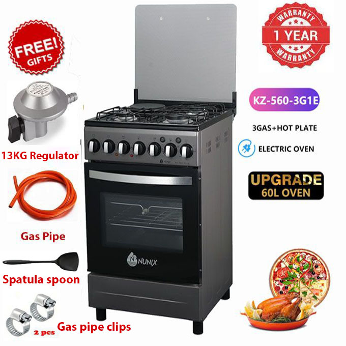 Nunix 50*55, 3 Gas Jet Pool Burners + 1 Rapid Plate, Free Standing Cooker With Electric Oven+ 13 KG Gas Regulator and Pipe+Spatula+Clips
