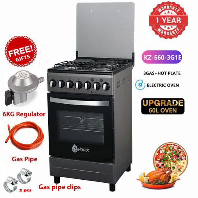 Nunix 50*55, 3 Gas Jet Pool Burners + 1 Rapid Plate, Free Standing Cooker With Electric Oven+ 6KG Gas Regulator and Pipe+Clips
