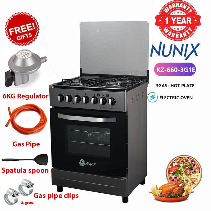 NUNIX 60x60 Free Standing 3 Gas JET Burners + 1 Electric Hotplate,Electric Oven Cooker+FREE 6KG REGULATOR+GAS PIPE+SPATULA+CLIPS