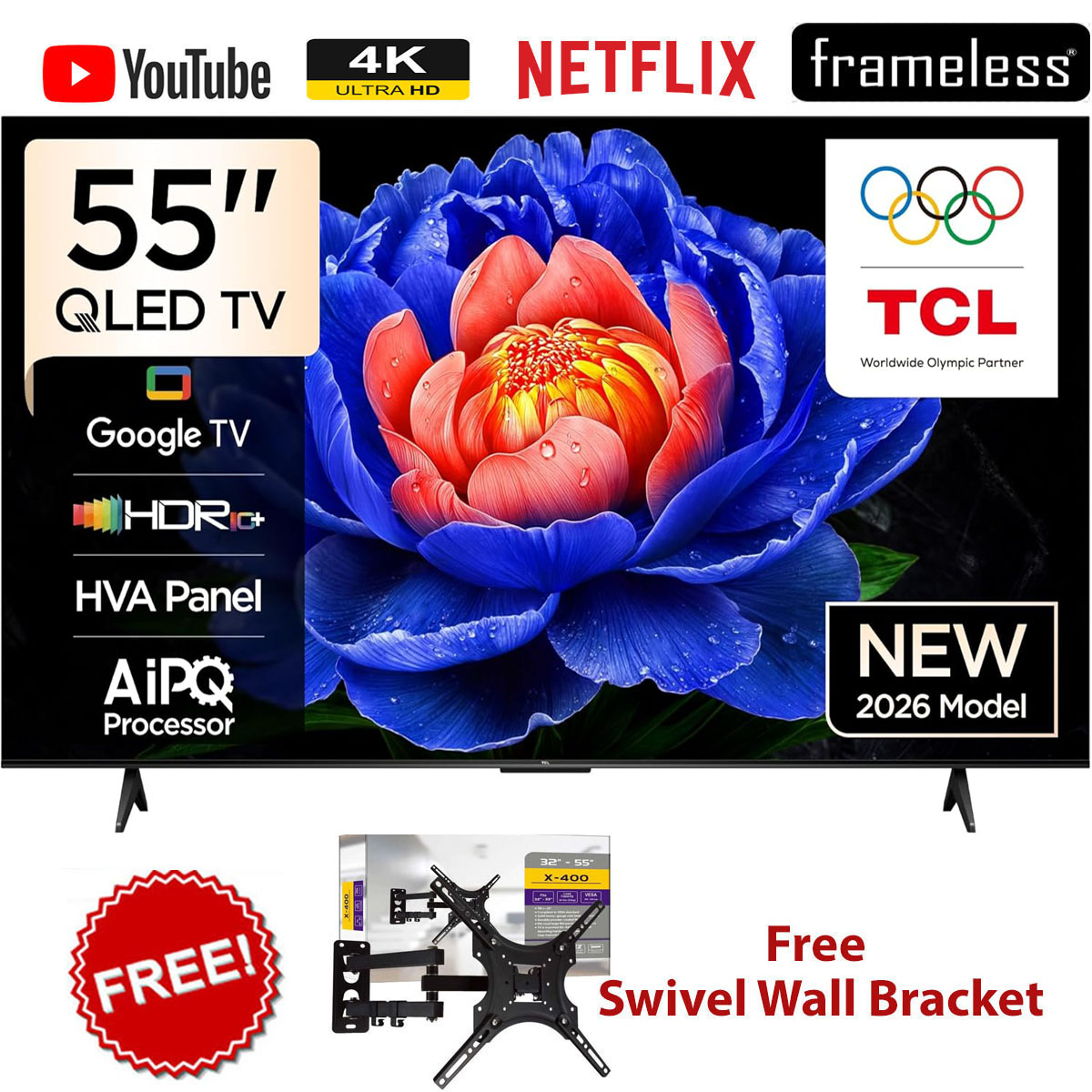 TCL 55" Inch Smart TV 55T6D 2026 Model QLED 4K LED Display Google Television OS Dolby Audio Technology WIFI Connectivity+FREE 360 WALL BRACKET