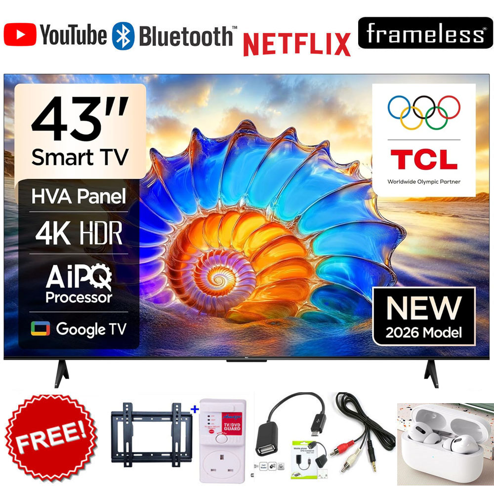 TCL 43V6D 43" 4K UHD Smart Google Television, HDR Technology, Frameless Design, Bluetooth, WiFi, Netflix, YouTube, Dolby Audio, HDMI, USB + FREE TV Guard+ Bracket+Earpods+Rca&OTG Cable(1YR Warranty)