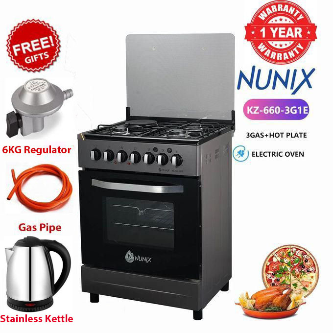 NUNIX 60x60 Free Standing 3 Gas JET Burners + 1 Electric Hotplate,Electric Oven Cooker+FREE 6KG REGULATOR+GAS PIPE+KETTLE