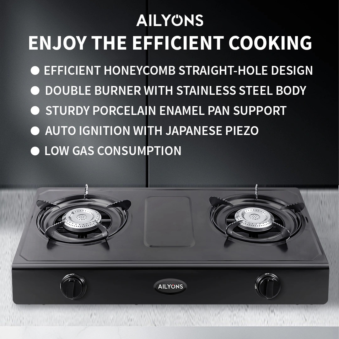 AILYONS GS017 Gas Cooker 2 Burner Stainless Steel Table Top with Auto Ignition (1YR WRTY)