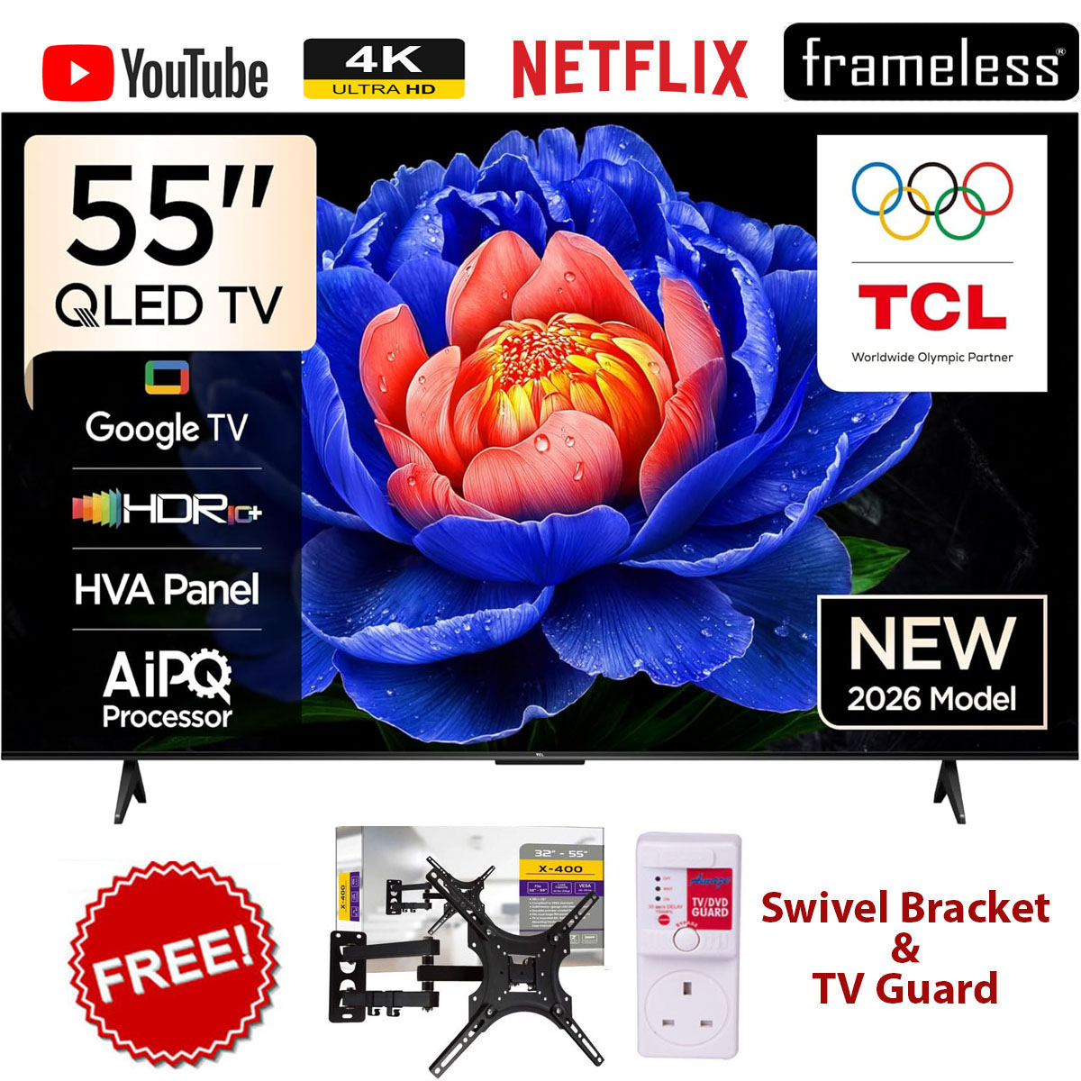 TCL 55" Inch QLED SMART TV 4K ULTRA HD TCL TV 55T6D 2026 Model with Google, Dolby Vision, ATMOS, HDR Pro+, Game Accelerator Enhanced Gaming,Voice Control,NETFLIX,YOUTUBE,BLUETOOTH,TCL 55+FREE GIFTS