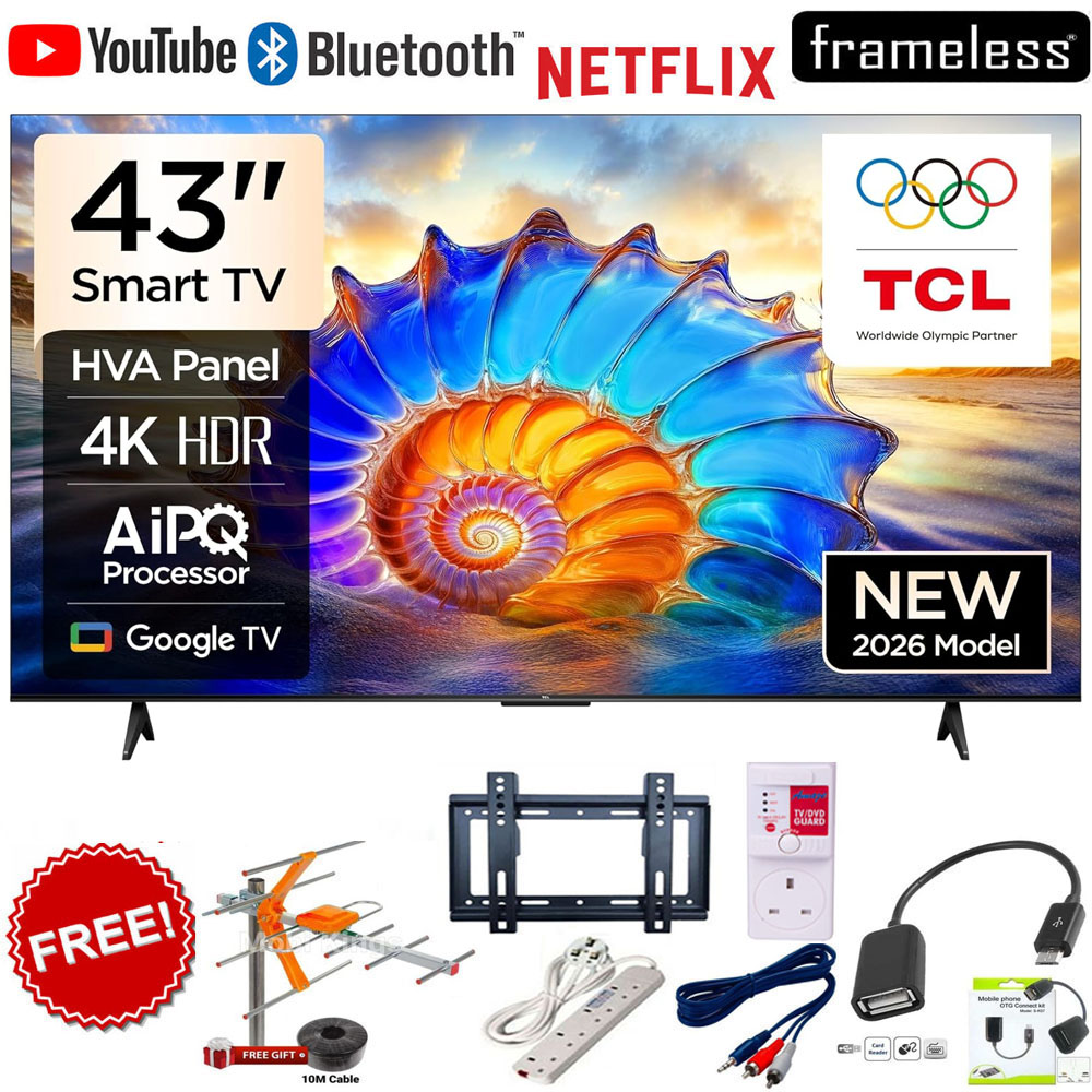 TCL 43" Inch 4K UHD Google TV 43V6D - AiPQ Processor, HDR Display, Frameless Bezel-Less Screen, Dolby Audio Sound, Bluetooth & WiFi Enabled, Streaming Apps+6 FREE GIFTS