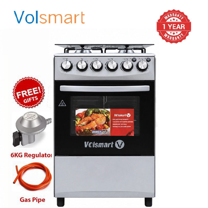 VOLSMART Standing Gas Cooker - 50*55, 3 Gas Jet Burners + 1 Hot Plate, Electric Oven - Silver