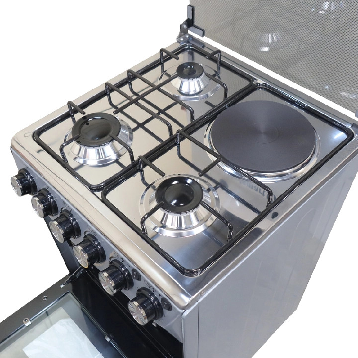 VOLSMART Standing Gas Cooker - 50*55, 3 Gas Jet Burners + 1 Hot Plate, Electric Oven - Silver