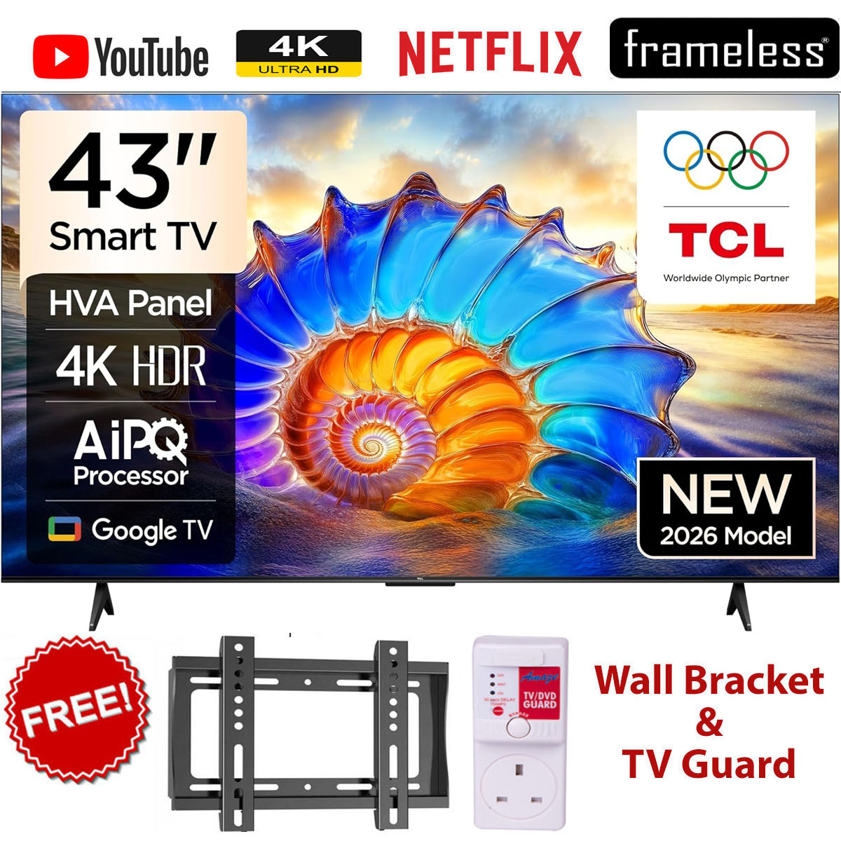 TCL 43V6D 43" Inch 4K UHD HDR Google TV, Smart LED Television, Frameless Display, Bluetooth Connectivity, WiFi, Netflix, YouTube, Dolby Audio, HDMI & USB + FREE TV Guard & Wall Bracket