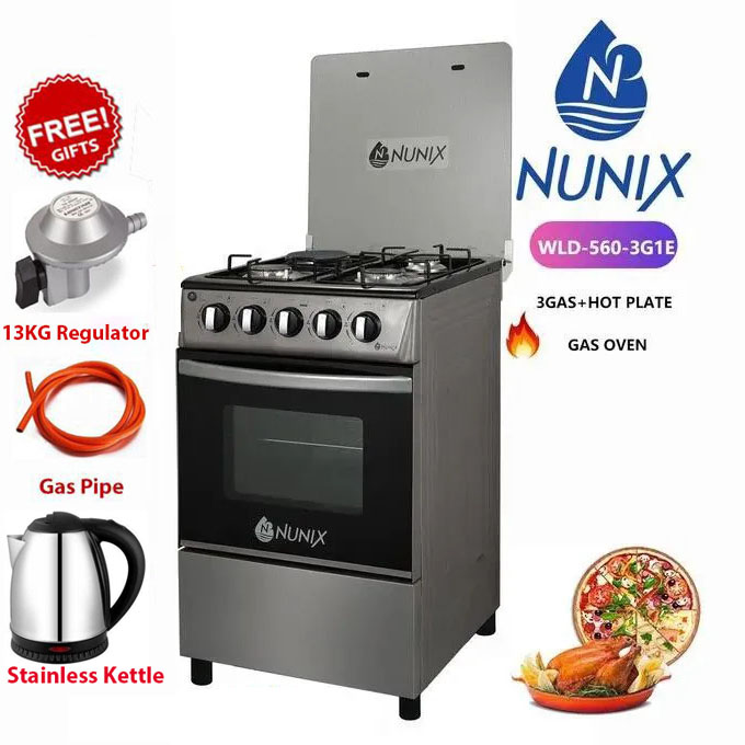 Nunix Free Standing 3 Gas Jet Burners +1 Electric Cooker With GAS Oven+FREE GIFTS
