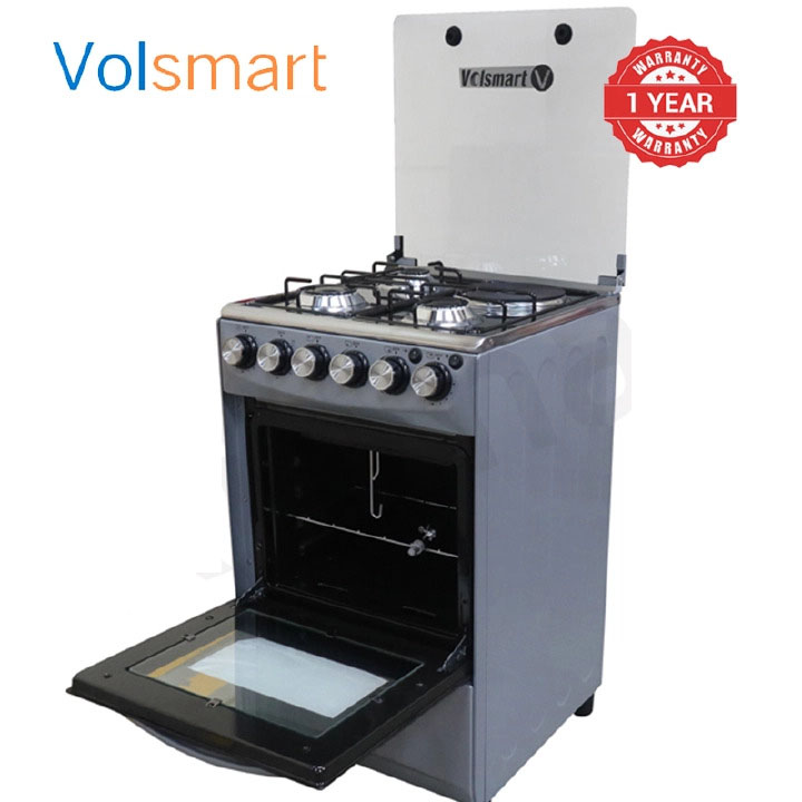 VOLSMART Standing Gas Cooker - 50*55, 3 Gas Jet Burners + 1 Hot Plate, Electric Oven - Silver