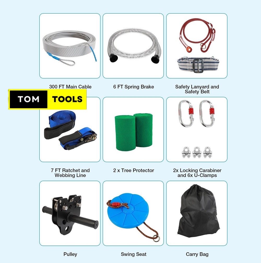 30m 100FT Zip Line for Adults and Kids with Spring Brake and Harness