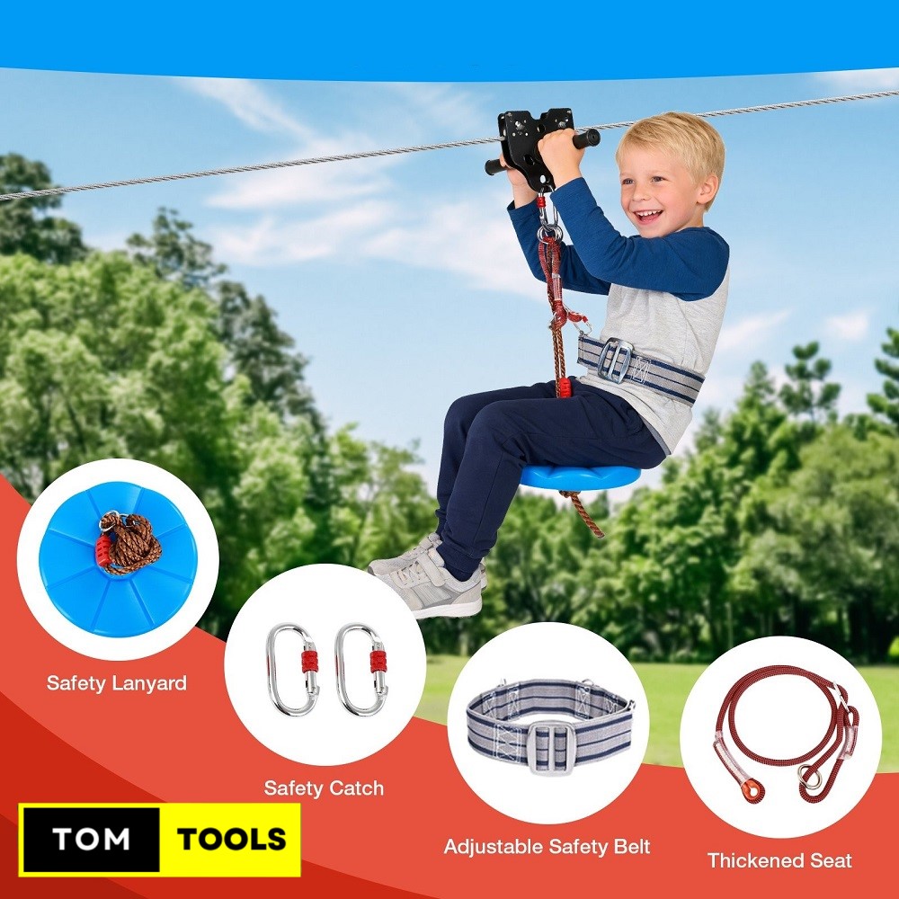 30m 100FT Zip Line for Adults and Kids with Spring Brake and Harness