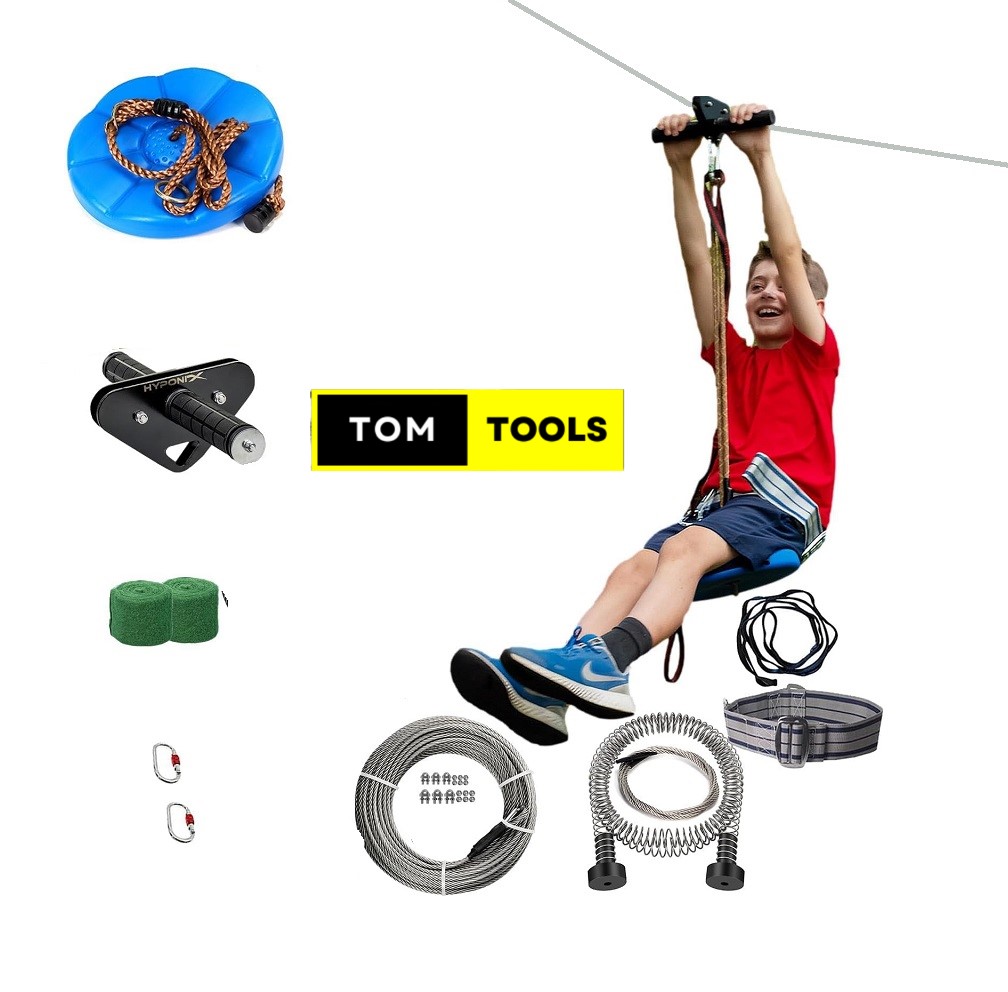 30m 100FT Zip Line for Adults and Kids with Spring Brake and Harness