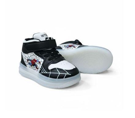 Spider Man Light-up High-top Sneakers for Boys. Red, Blue, black & white web design. Spiderman Flashing high-top shoes for toddler or little boys. Durable Hight-top Sneakers with Iconic Webbing