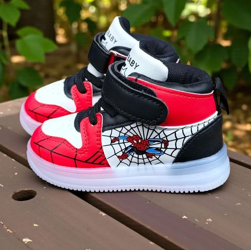 Spider Man Light-up High-top Sneakers for Boys. Red, Blue, black & white web design. Spiderman Flashing high-top shoes for toddler or little boys. Durable Hight-top Sneakers with Iconic Webbing
