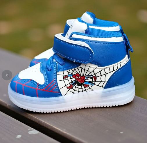 Spider Man Light-up High-top Sneakers for Boys. Red, Blue, black & white web design. Spiderman Flashing high-top shoes for toddler or little boys. Durable Hight-top Sneakers with Iconic Webbing