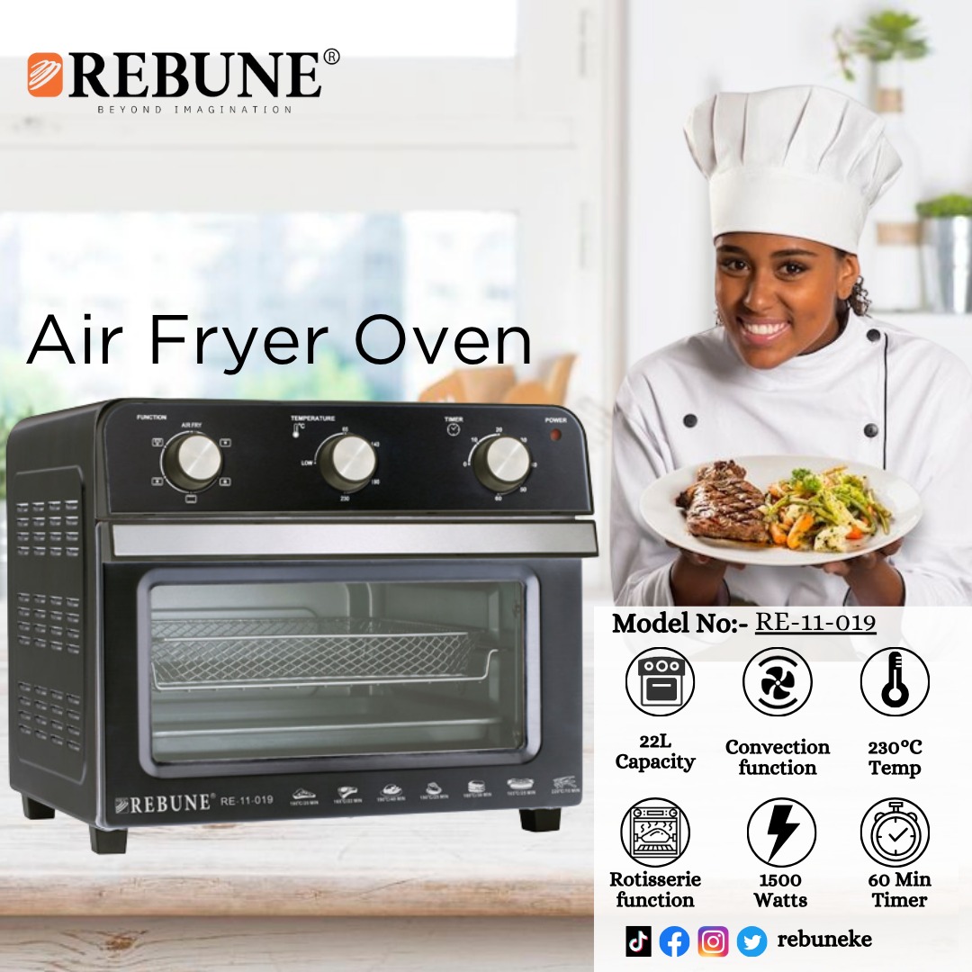 ⭕️✅️New Arrival ✅️⭕️Rebune 22 litres Black Airfryer oven RE-11-019.Power:220-240V~ 50/60Hz 1500W
Healthy way to fry foods without oil
With rotisserie function
With convection function
With inner lamp