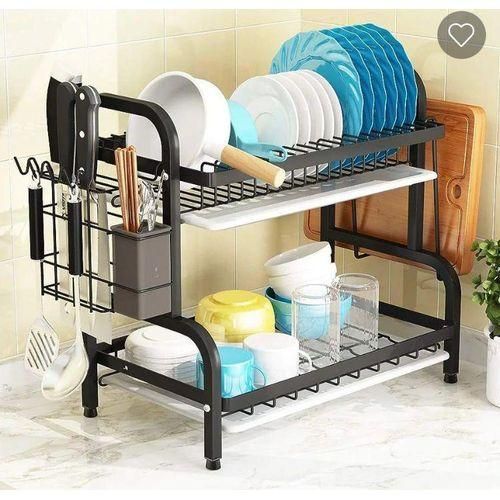 🌽🤪UPGRADE YOUR HOME🍂🌽2 Tier High quality carbon steel dish rack.High quality heavy duty 2 tier dish rack with cutlery holder ▪️material: Carbon steel metal ▪️Color: black and gold ▪️Has 2 white wa