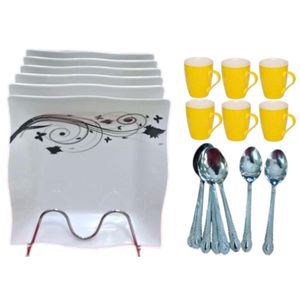 ✅️✅️PERFECT COMBO✅️✅️Melamine Square Dinner Plates – 6PCS Set with FREE 6pcs  Coffee/Tea Cup Mugs & 6PCS Table Spoons