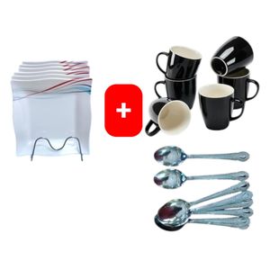 ✅️✅️PERFECT COMBO✅️✅️Melamine Square Dinner Plates – 6PCS Set with FREE 6pcs  Coffee/Tea Cup Mugs & 6PCS Table Spoons