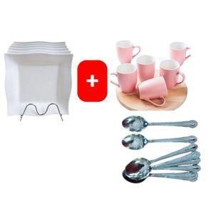 ✅️✅️PERFECT COMBO✅️✅️Melamine Square Dinner Plates – 6PCS Set with FREE 6pcs  Coffee/Tea Cup Mugs & 6PCS Table Spoons