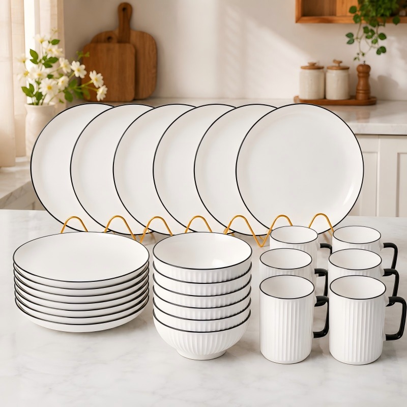 24pcs  Japanese Dinner set on Offer.Heavy durable ceramic materialThis collection includes 6 cups ,6 salad plates, 6 bowls,6 dinner plates  24pcs Unique Heavy Ceramic Dinner Plates.Elegant and adorabl