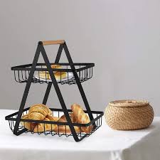 Nordic 2-Tier Large Fruit Basket Rack with Wooden Handle – Upgraded Portable Metal Wire Countertop Organizer for Fruits and Vegetables, Stylish Tiered Fruit Bowl Stand for Modern Kitchen Storage
