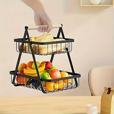 Nordic 2-Tier Large Fruit Basket Rack with Wooden Handle – Upgraded Portable Metal Wire Countertop Organizer for Fruits and Vegetables, Stylish Tiered Fruit Bowl Stand for Modern Kitchen Storage