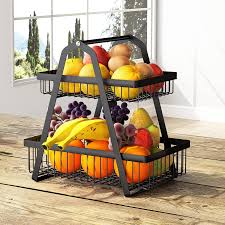 Nordic 2-Tier Large Fruit Basket Rack with Wooden Handle – Upgraded Portable Metal Wire Countertop Organizer for Fruits and Vegetables, Stylish Tiered Fruit Bowl Stand for Modern Kitchen Storage