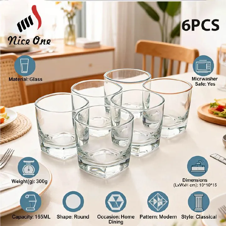 6PCS/Set 165ML Drinking Glass Set – Durable Lead-Free Clear Water Cups, Multipurpose Kitchen Drinkware for Cocktail, Iced Coffee, Beer, Tea, Wine, Whiskey, Everyday Home and Bar Use