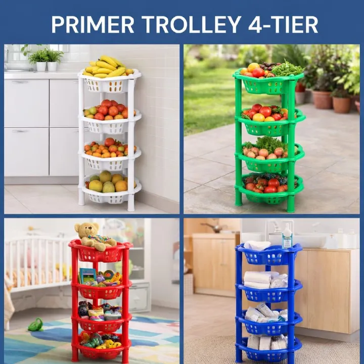 Premier 4-Tier Fruit Rack Trolley – Multi-Purpose Kitchen Storage Organizer for Fruits, Vegetables and Pantry Essentials, Stylish Countertop and Floor Standing Trolley for Home Use