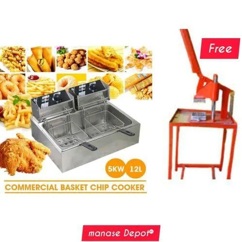 12L Double Deep Fryer with Commercial Chips Cutter for Restaurants, Food Stalls, and Fast Food Businesses – Power Packed Dual Frying Set for Fast, Efficient, Professional Results