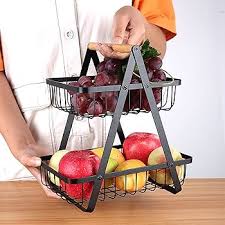 Nordic 2-Tier Large Fruit Basket Rack with Wooden Handle – Upgraded Portable Metal Wire Countertop Organizer for Fruits and Vegetables, Stylish Tiered Fruit Bowl Stand for Modern Kitchen Storage