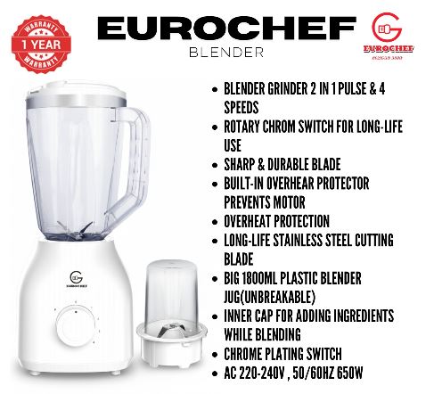 EUROCHEF 2 In 1 Blender with Grinder, White