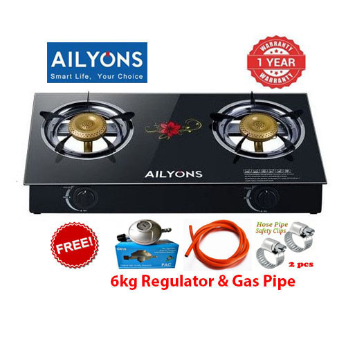 AILYONS GS014 Gas Cooker - Double Burner Glass Top Cooker