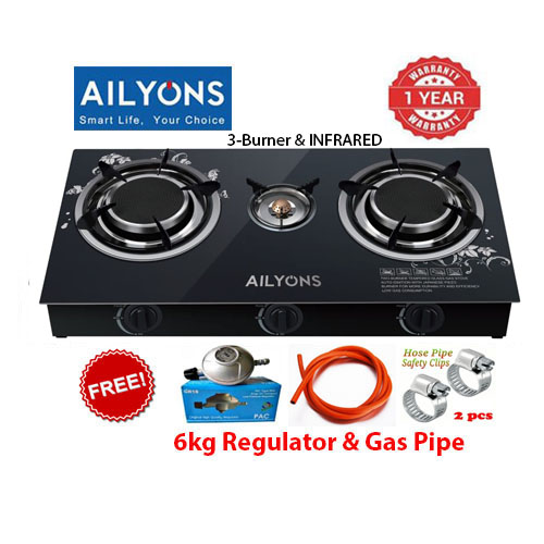 AILYONS GS006A 3-Burner INFRARED Glass Top Gas Cooker