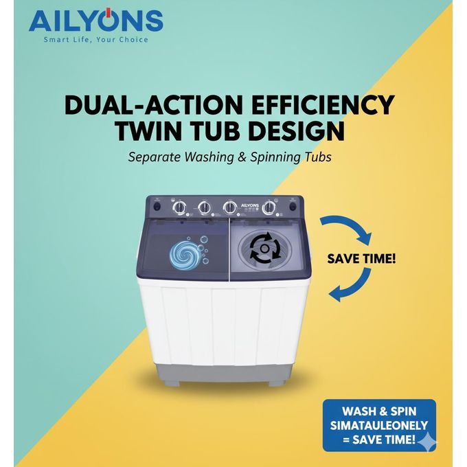 AILYONS 8KG Washer and 5KG Spin Twin Tub Washing Machine - White, Semi-Automatic, 1350RPM (1YR WRTY)