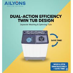 AILYONS 8KG Washer and 5KG Spin Twin Tub Washing Machine - White, Semi-Automatic, 1350RPM (1YR WRTY)