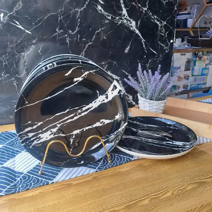 Black Marble Dinner Plates Set of 6 – Elegant Ceramic Plates with Luxury Marble Design – Durable Round Tableware for Home, Kitchen & Restaurant Use, Ideal for Main Meals, Steak, Pasta, Rice & Everyday