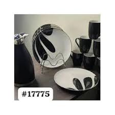 SUNDABEST 19PCS Black & White Dinner Set – Elegant Breakfast Set with 6 Ceramic Plates, 6 Cups, 6 Bowls & 2L Thermos Flask, Stylish Breakable Kitchen Dining Set for Home & Family Use