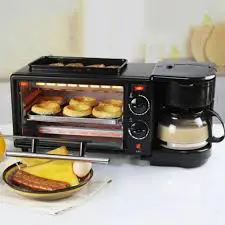Reki Breakfast Maker 3-in-1 Multifunction Breakfast Station Coffee Maker Non-Stick Griddle Toaster Oven Compact Kitchen Appliance Fast Breakfast Preparation for Home Office and Hostel Use