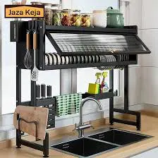 Best Quality 1-Layer Over-the-Sink Dish Rack 65cm Stainless Steel Kitchen Drying Rack with Glass Acrylic Cover Space Saving Dish Drainer Shelf for Plates Bowls Cups and Kitchen Organization Storage So