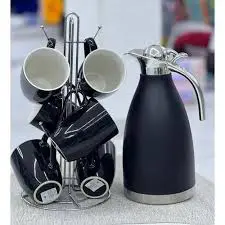Luxurious Black Tea Set Combo with Flask and 6 Ceramic Cups Premium Elegant Tea Serving Set High Quality Ceramic Drinkware for Home Office Guests and Gift Use Stylish Modern Tea Collection
