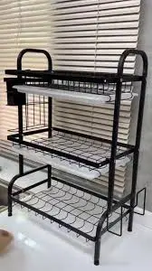 3 Tier Carbon Steel Dish Rack for Kitchen Countertop Storage Heavy Gauge Steel Drying Rack with Multi-Layer Organizer for Plates Bowls Cups Utensils and Kitchen Accessories