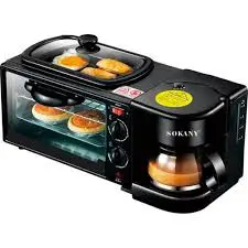 Reki Breakfast Maker 3-in-1 Multifunction Breakfast Station Coffee Maker Non-Stick Griddle Toaster Oven Compact Kitchen Appliance Fast Breakfast Preparation for Home Office and Hostel Use