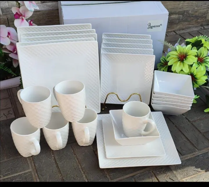 24pc Square Dinner Set Ceramic Tableware Complete Family Dining Set 6 Dinner Plates 6 Side Plates 6 Bowls 6 Cups Microwave Safe Elegant Kitchen Dinnerware Set for Home Hotels Restaurants and Gift Use