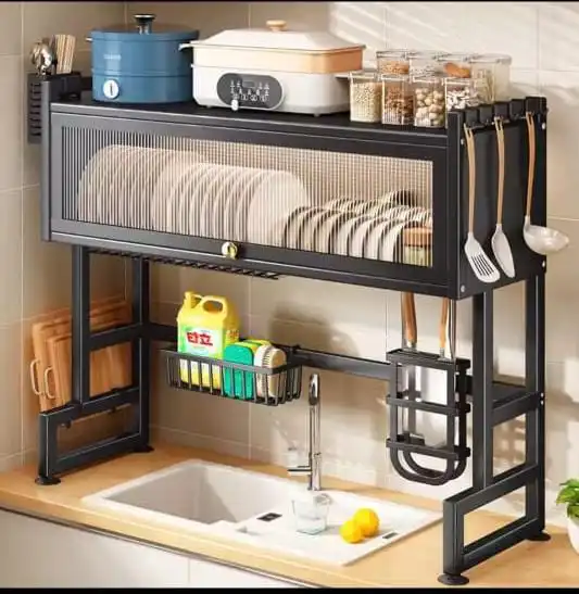 Best Quality 1-Layer Over-the-Sink Dish Rack 65cm Stainless Steel Kitchen Drying Rack with Glass Acrylic Cover Space Saving Dish Drainer Shelf for Plates Bowls Cups and Kitchen Organization Storage So